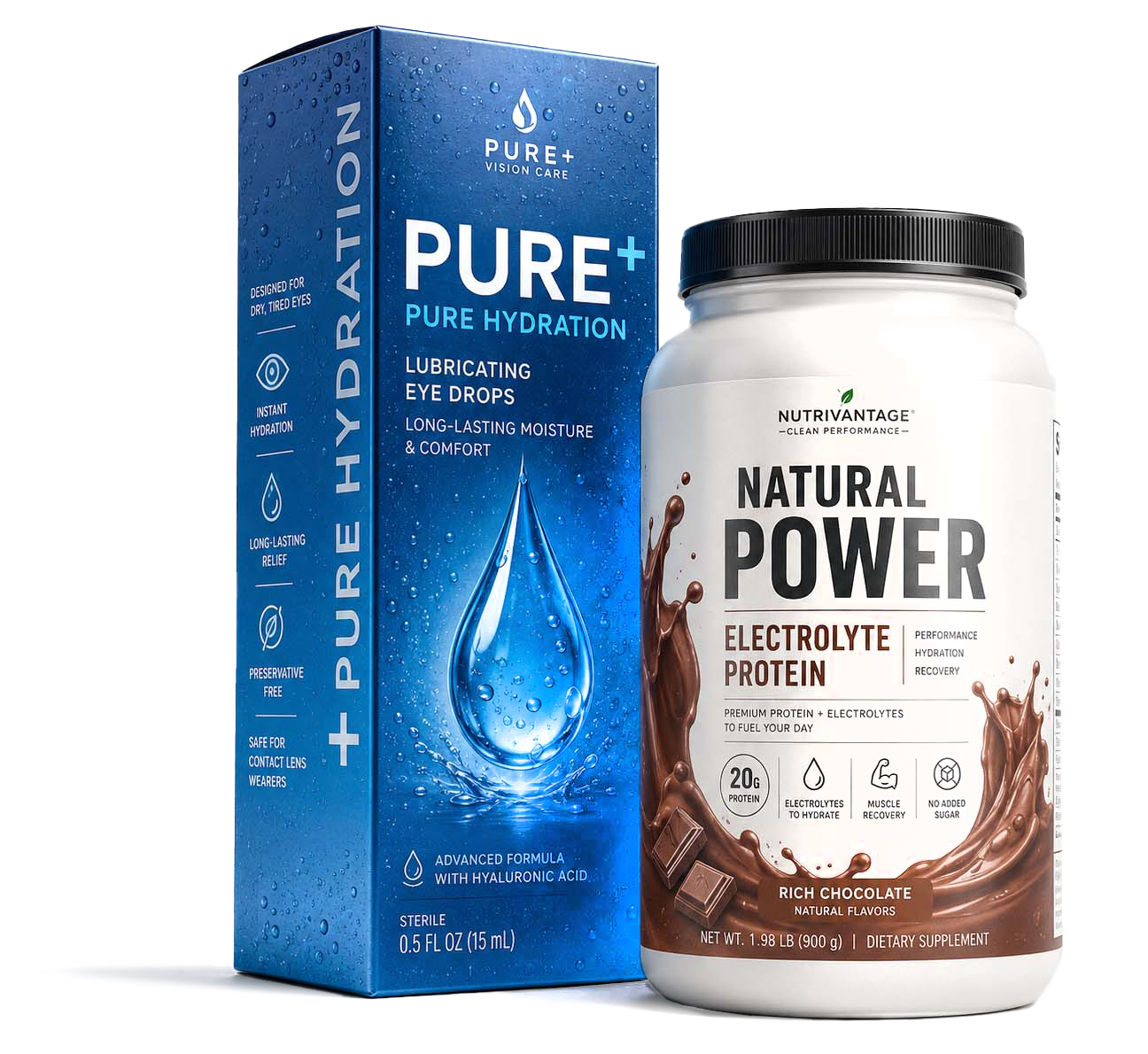 Finished brand packaging: an eye-drop carton and a protein powder container