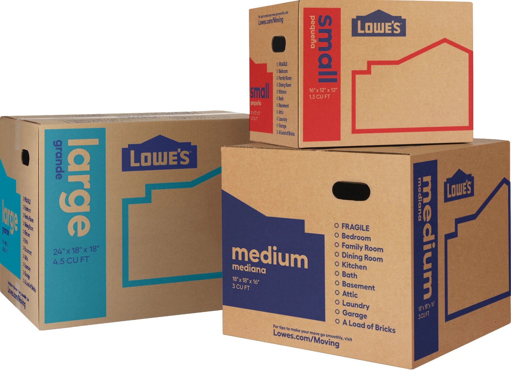 Stack of Lowe's branded corrugated moving boxes in small, medium and large sizes