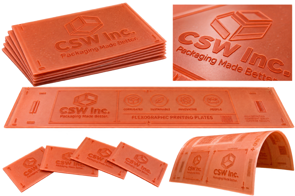 Orange flexographic printing plates: a stack of plates, an embossed CSW Inc. logo close-up, a long plate strip, and a curved plate ready for mounting